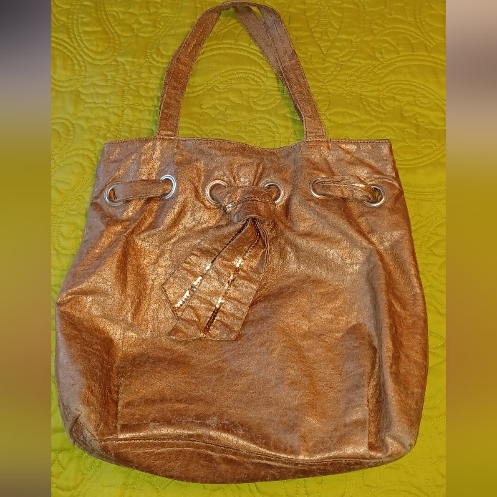 Vintage Bagtique crinkle copper shoulder bag purse tote sequin grommet details